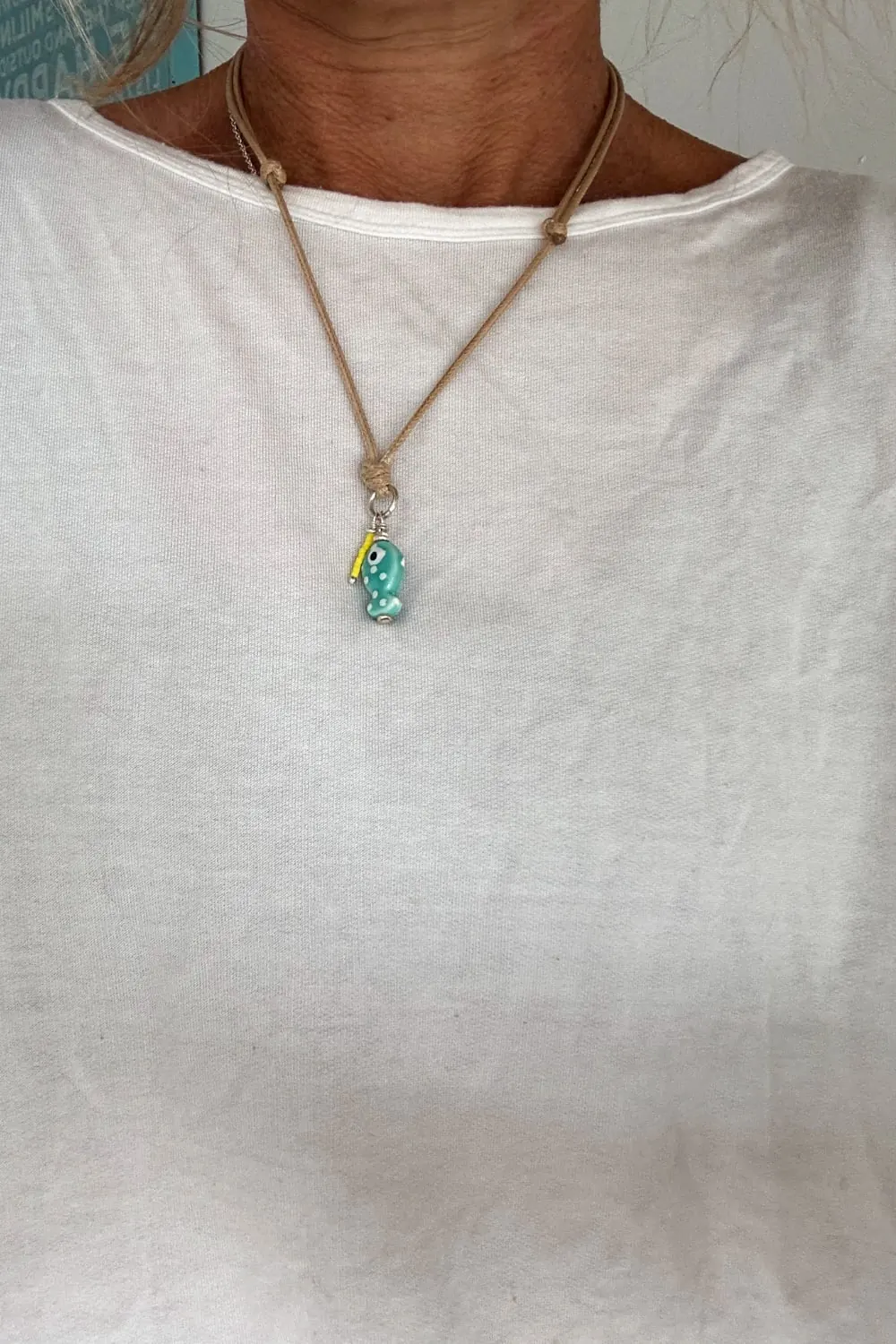 adjustable cord necklace long and short with colourful fish charm and silver accents handmade jewellery