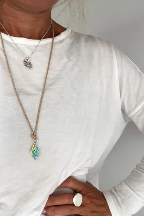 adjustable cord necklace long and short with colourful fish charm and silver accents handmade jewellery